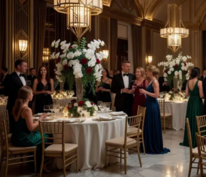 Cinematiczna, elegancka gala w luksusowej sali balowej z nastrojowym światłem, dekoracjami kwiatowymi i perfekcyjną aranżacją stołów