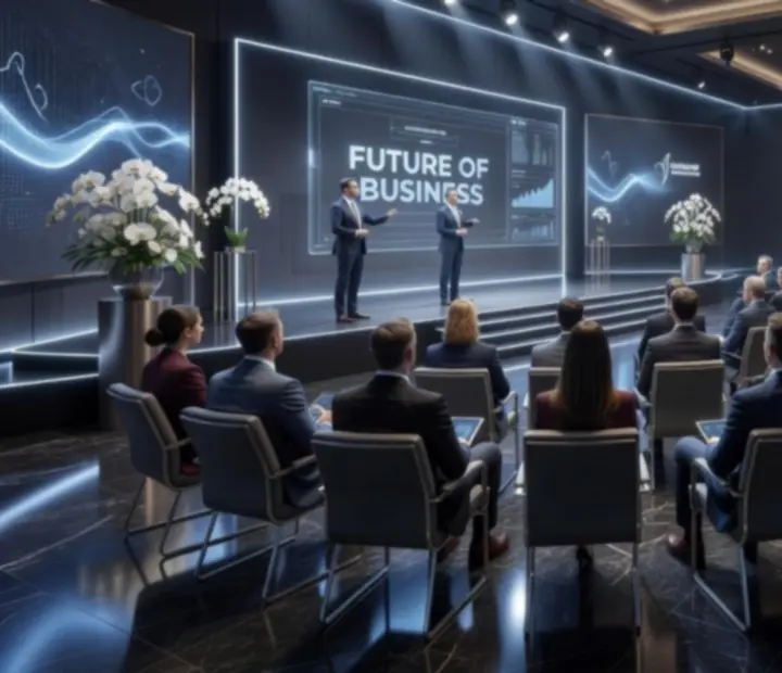 Nowoczesna, luksusowa konferencja biznesowa z elegancką sceną i publicznością.