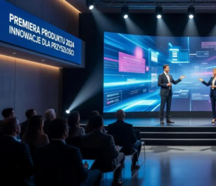 Premiera produktu z elegancką sceną, oświetleniem i gośćmi podczas eventu organizowanego przez 